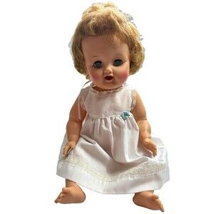 Ideal Baby Doll Rooted Curly Brown Hair Vinyl Sleep Eyes Vintage 15 Inch w Dress